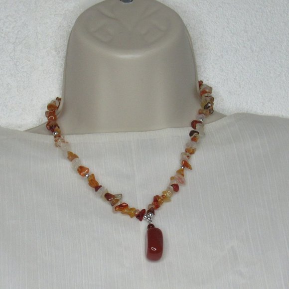 Calcite Stones Beaded Glass Rock Nugget Necklace Earrings Set Shades of Orange - Picture 6 of 7